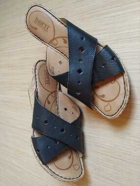 Born Canova Wedge Platform Sandals Leather Laser Cut Black Cork Slides Shoes 8